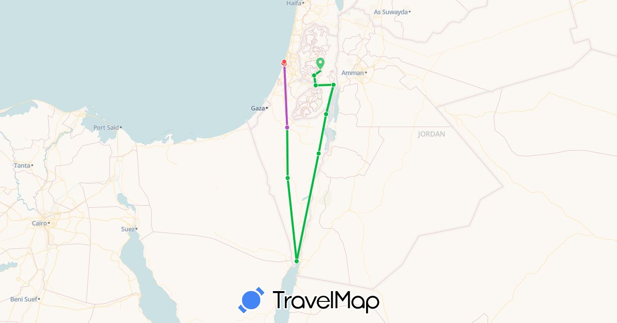 TravelMap itinerary: driving, bus, train, hiking in Israel (Asia)